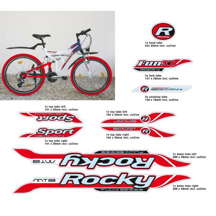 Fahrrad DEKOR Satz ROCKY MTB Rahmen Frame Decal Sticker wei rot 11 teilig