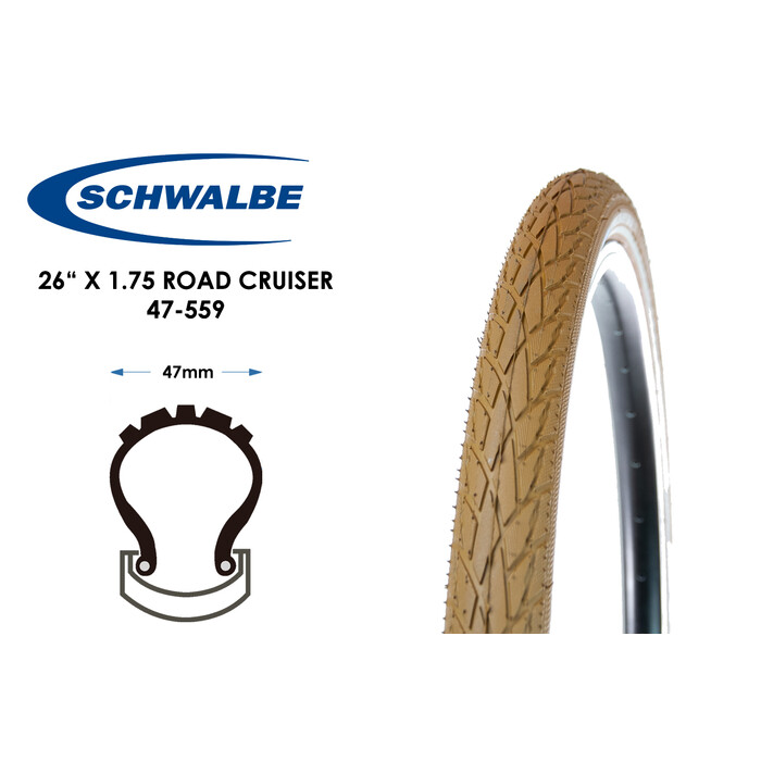 26 Zoll Schwalbe Road Cruiser 47-559 Fahrrad Reifen braun 26x1.75 Reflexstreifen Tire