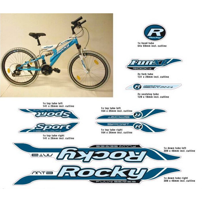 Fahrrad DEKOR Satz ROCKY MTB Rahmen Frame Decal Sticker weiß blau 11 teilig