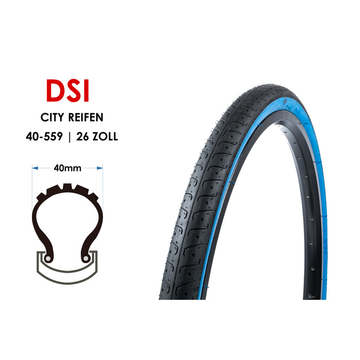 26 Zoll DSI 40-559 Fahrrad City Reifen 26x1.5 Mantel Tire Schwarz Blau