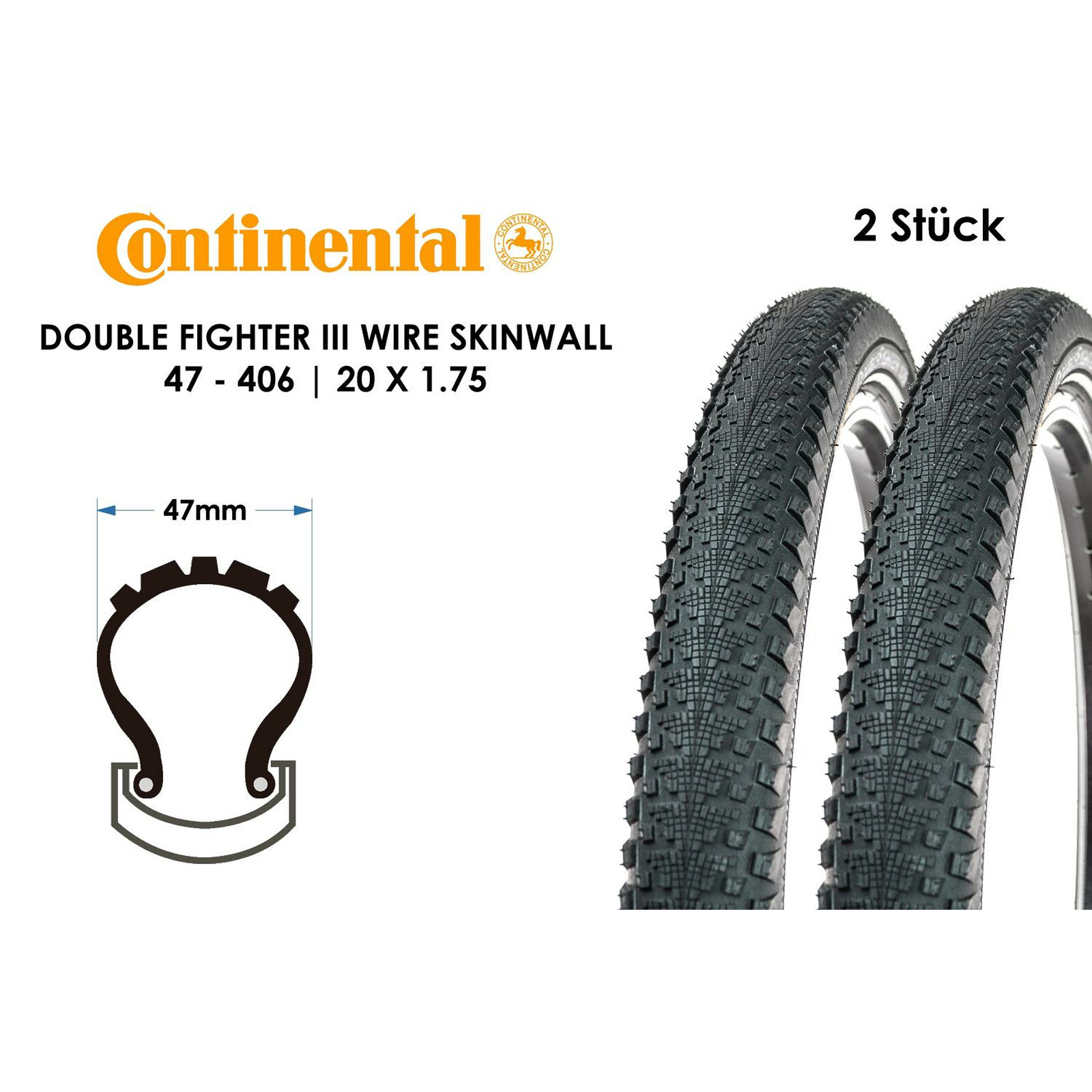 2 Reifen Double Fighter Continental 20x1.75 47-406 mit oder ohne Schläuche 