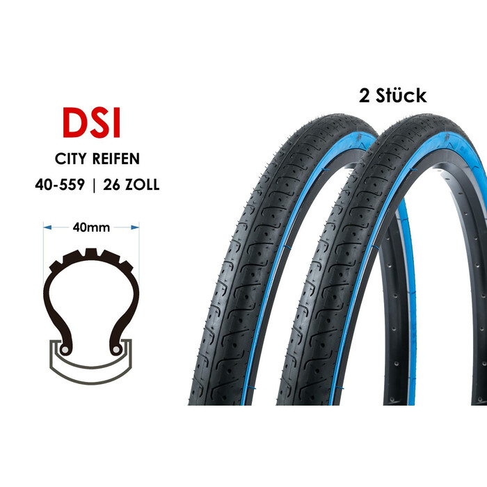 2 Stück 26 Zoll DSI 40-559 Fahrrad City Reifen 26x1.5 Mantel Tire Schwarz Blau