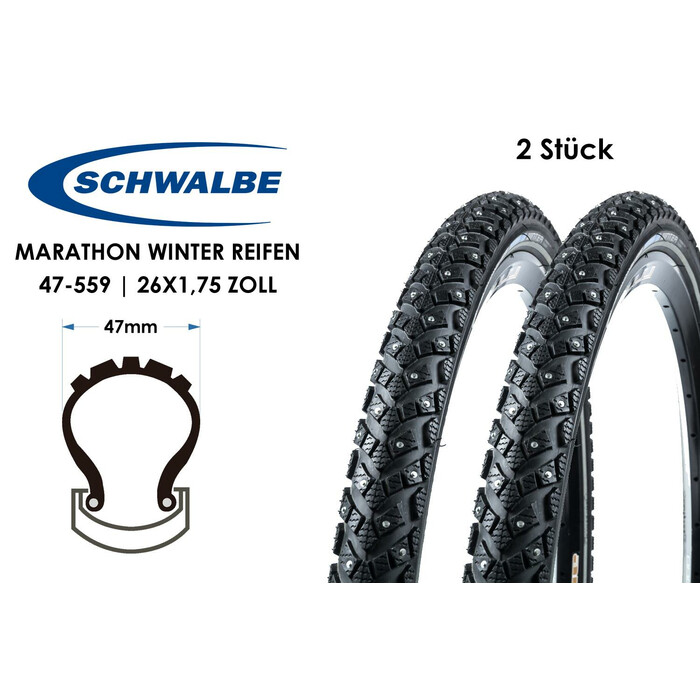 2 Stück 26 Zoll SCHWALBE Marathon Winter Reifen 47-559 Performance RaceGuard 26x1.75 Spikes Reflex