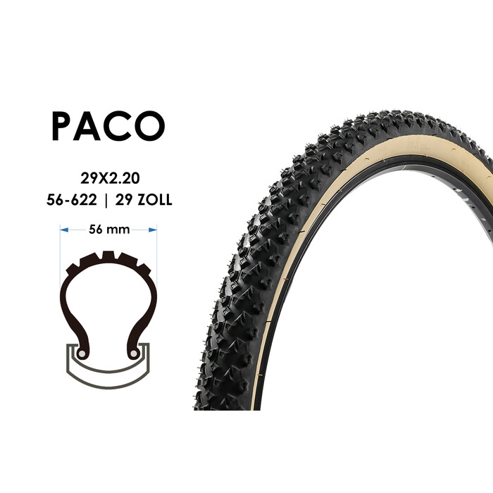 29 Zoll Paco Tires MTB Fahrrad Reifen 29x2.20 Mantel Decke 56-622 Schwarz Beige
