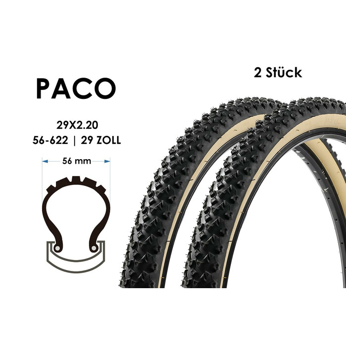 2 Stck 29 Zoll Paco Tires MTB Fahrrad Reifen 29x2.20 Mantel Decke 56-622 Schwarz Beige