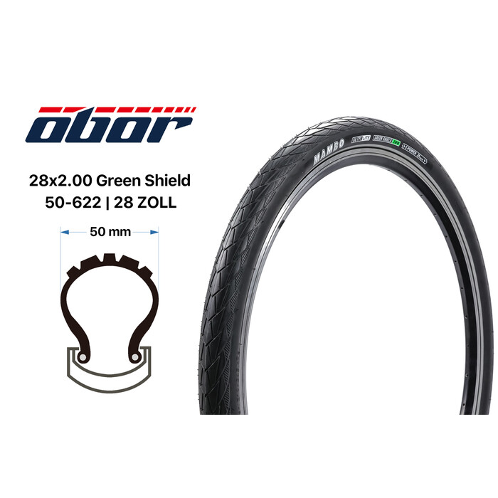 28 Zoll Fahrrad Reifen OBOR Mambo 28x2.0 Green Shield 50-622 E25 Pannenschutz 3mm
