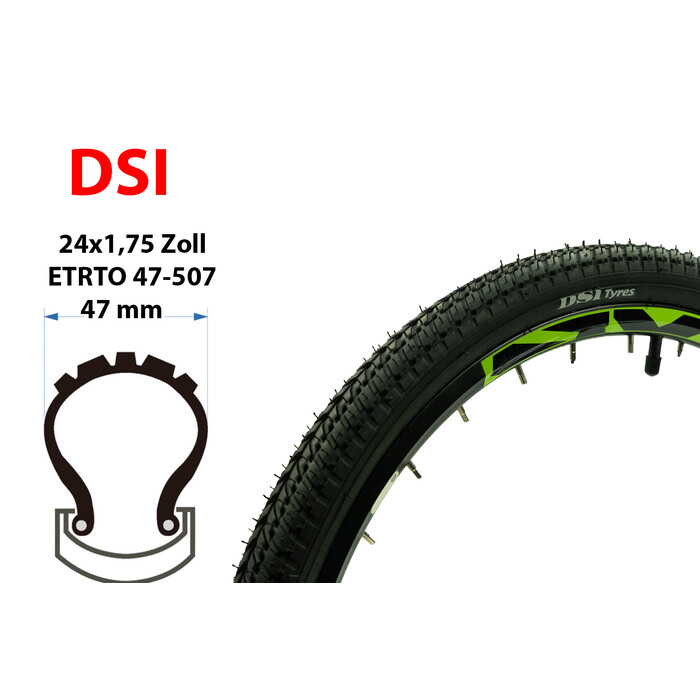 24 Zoll DSI Fahrrad Reifen 24x1.75 MTB Citybike 47-507 tire schwarz