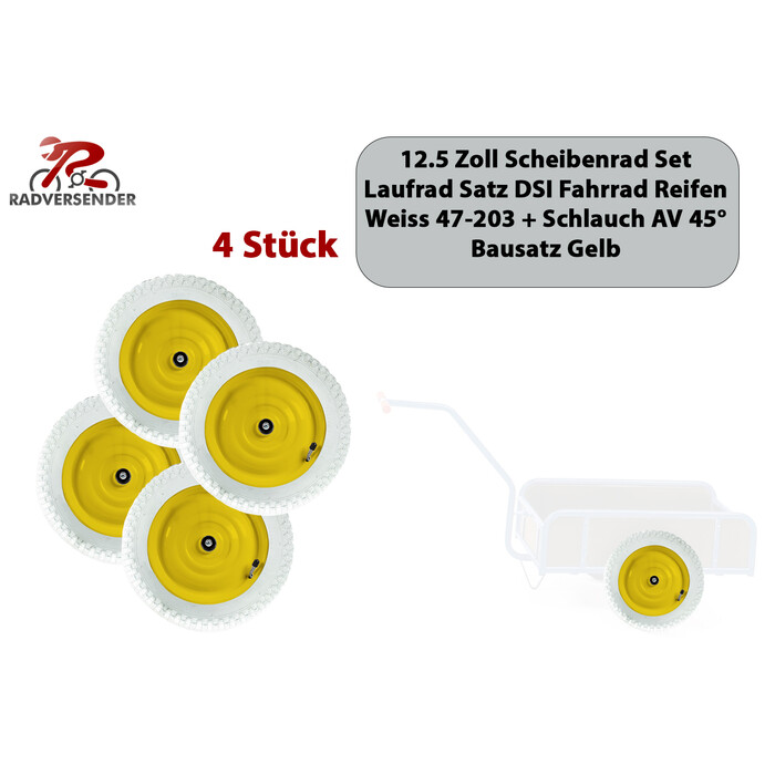 4 Stck 12.5 Zoll Scheibenrad Set Laufrad Satz Reifen weiss 47-203+Schlauch AV 45 Gelb