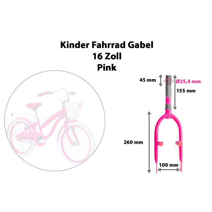 16 Zoll Kinder Fahrrad Gabel mit Gewinde V-Brake Einbauhhe 60mm pink