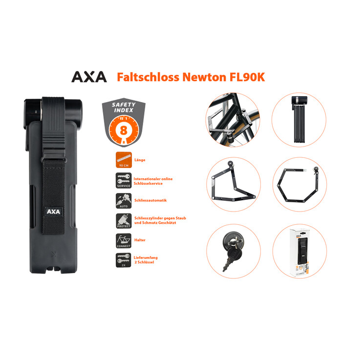 Fahrrad AXA Faltschloss Newton FL90K 90cm 2 Schlssel Sicherheits Level 8