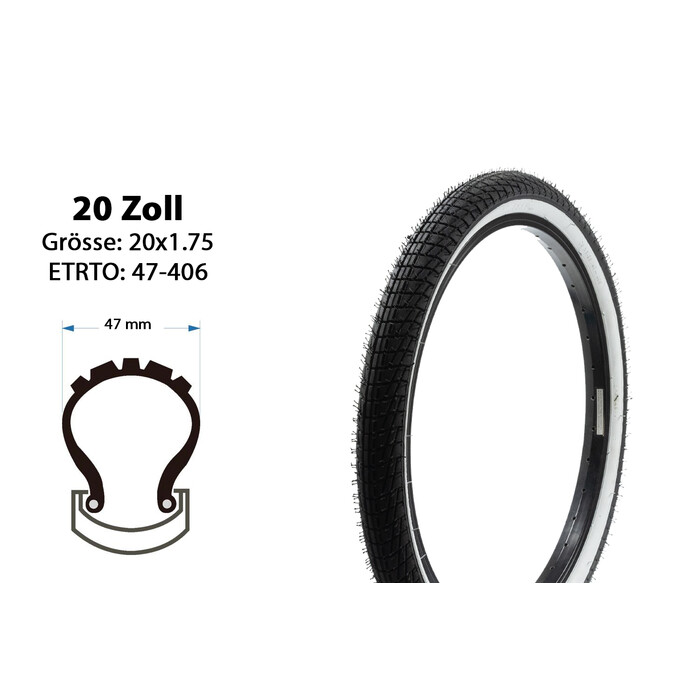 20 Zoll Fahrrad Reifen  20x1.95 BMX Mantel Decke 47-406 Whitewall tire