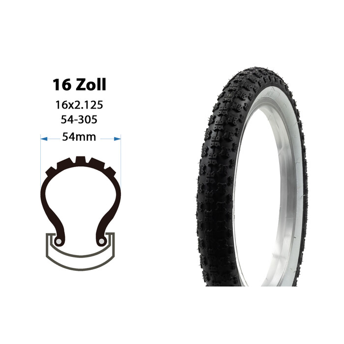 16 Zoll Fahrrad Reifen 16x2.125 MTB 54-305 Kinderrad Mantel tire Schwarz/wei