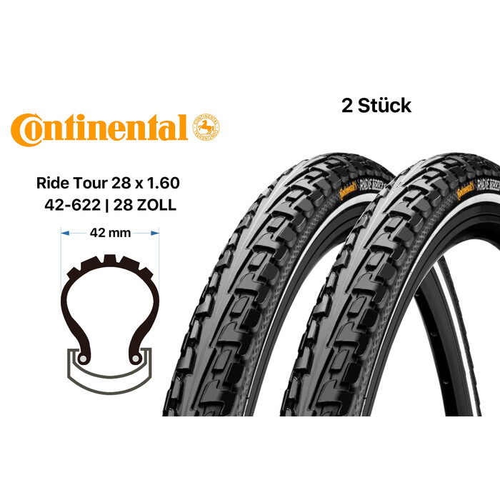 2 Stück 28 Zoll Continental Ride Tour Fahrrad Reifen Mantel Decke Tire 42-622 Reflex schwarz