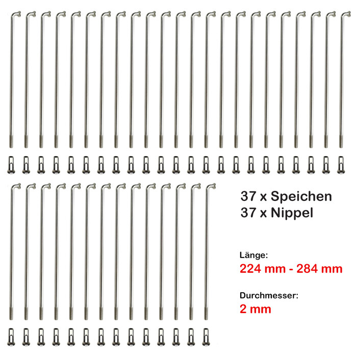 37 Stück Speichen 224 - 284mm Spokes silber VERZINKT 2mm inkl. Messing Speichennippel
