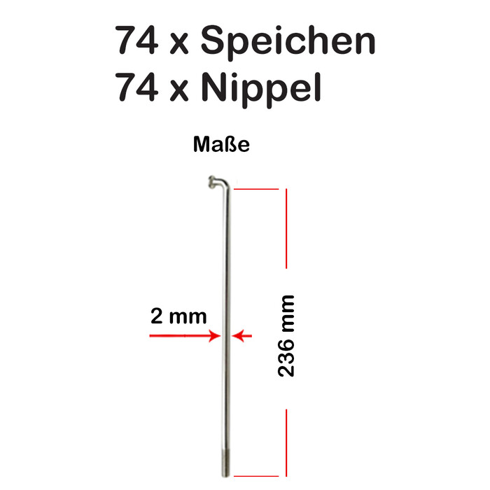 74 Stck Speichen 224 - 284mm Spokes silber VERZINKT 2mm inkl. Messing Speichennippel 236mm